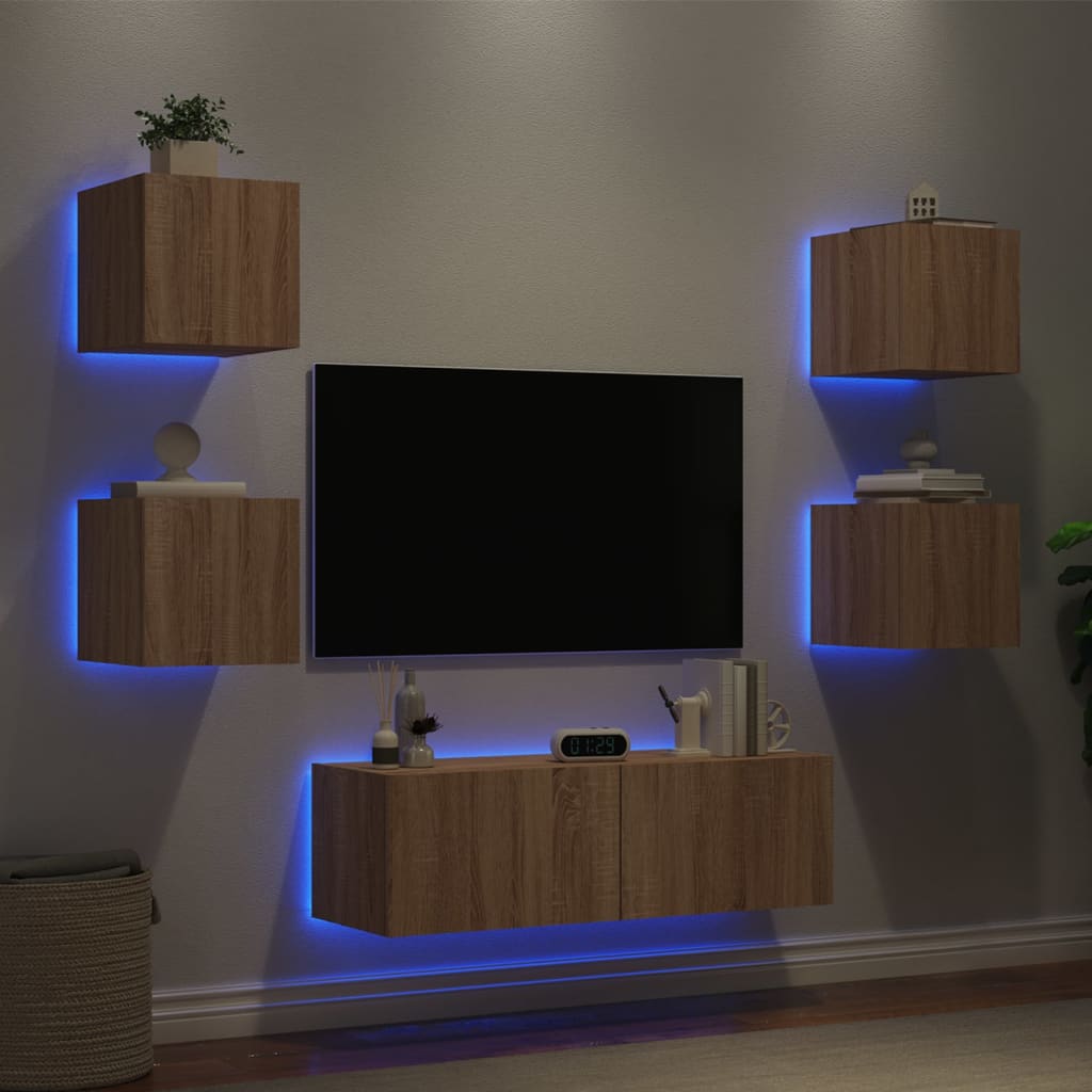 Vetonek Muebles de TV de pared con luces LED 5 piezas roble Sonoma