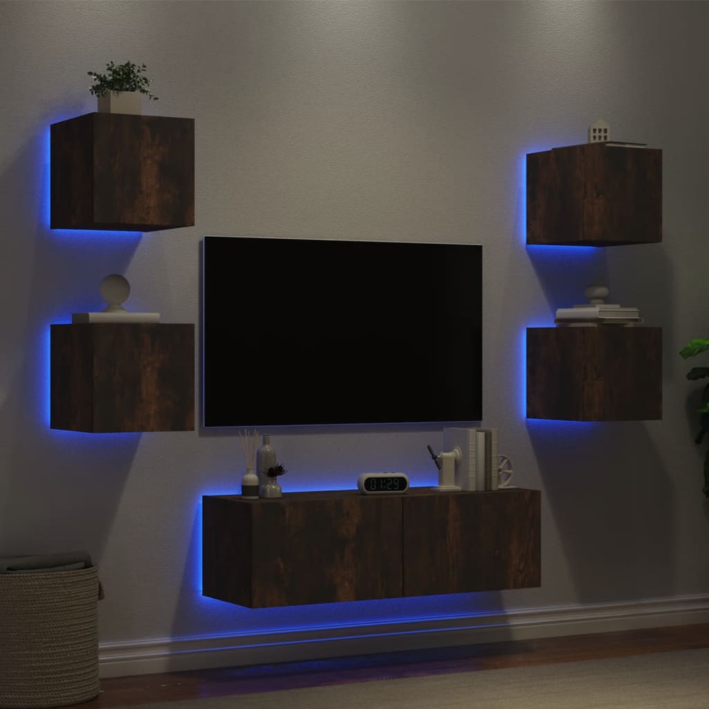 Vetonek Muebles de TV de pared con luces LED 5 piezas roble ahumado