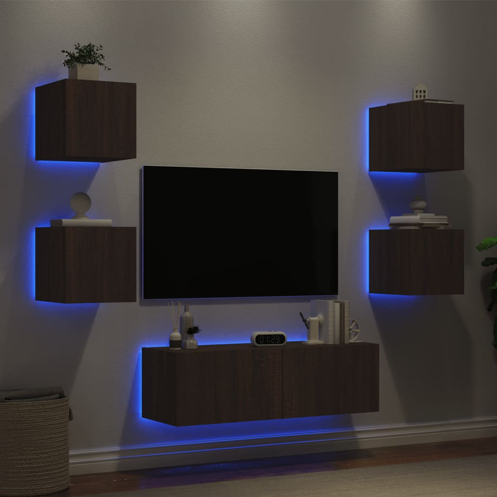 Vetonek Muebles de TV de pared con luces LED 5 piezas marrón roble