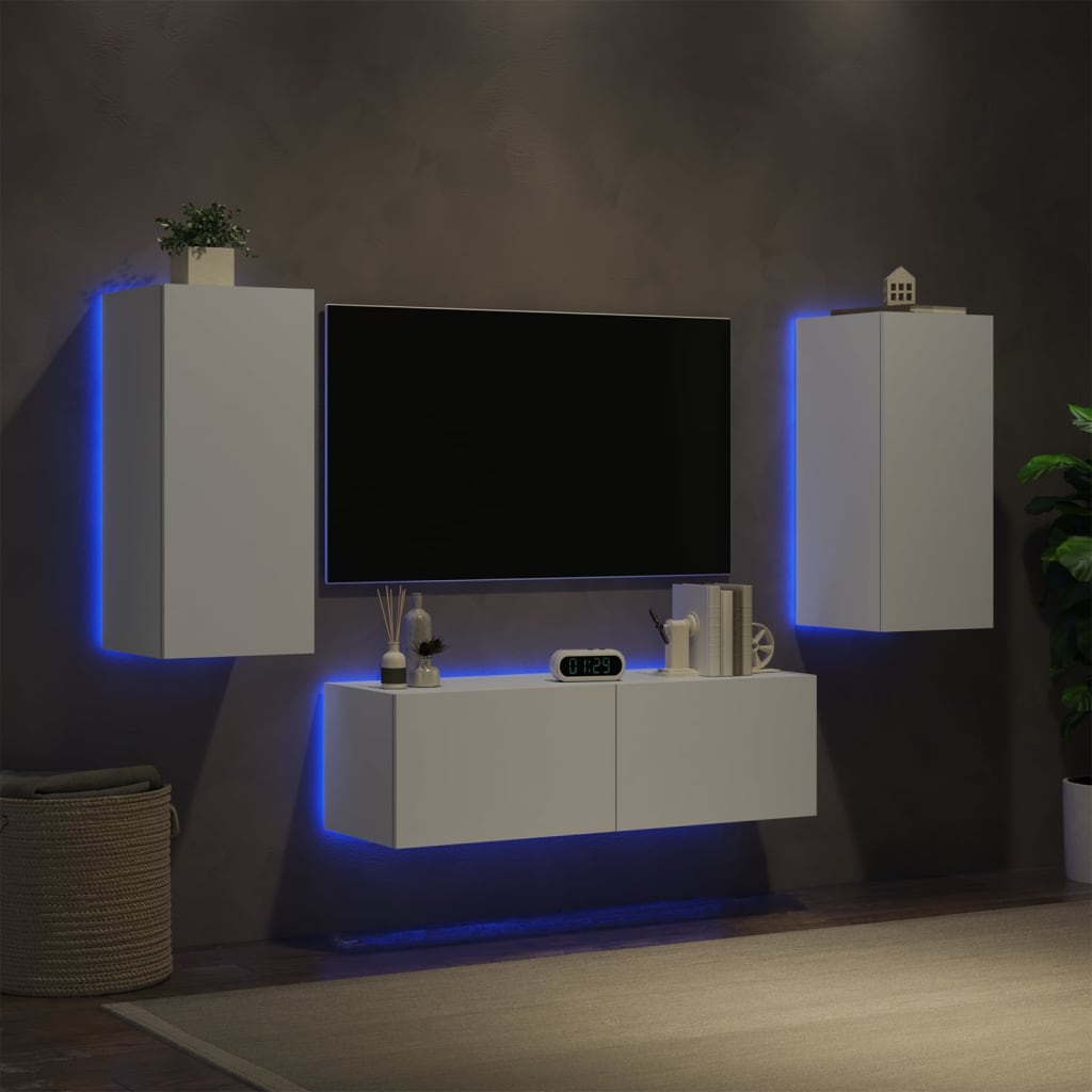 Vetonek Muebles de TV de pared con luces LED 3 piezas blanco