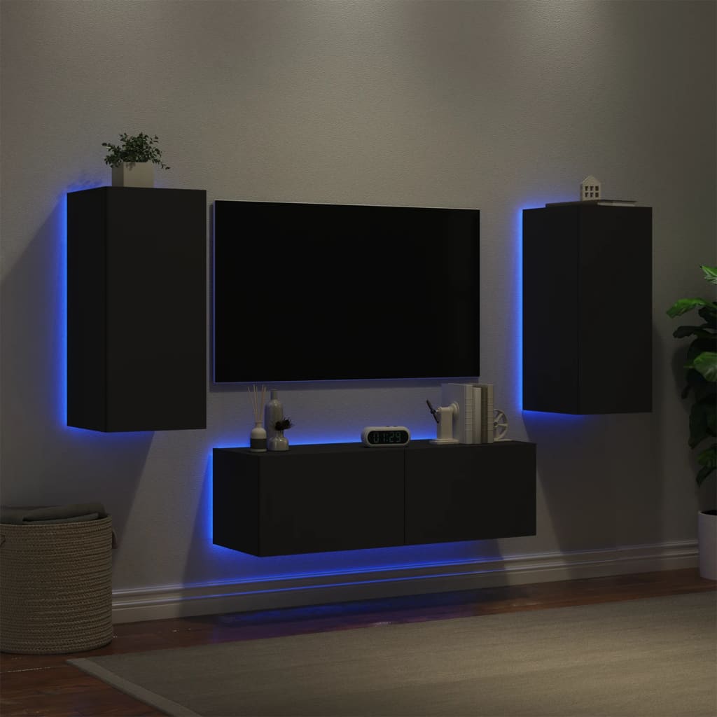 Vetonek Muebles de TV de pared con luces LED 3 piezas negro