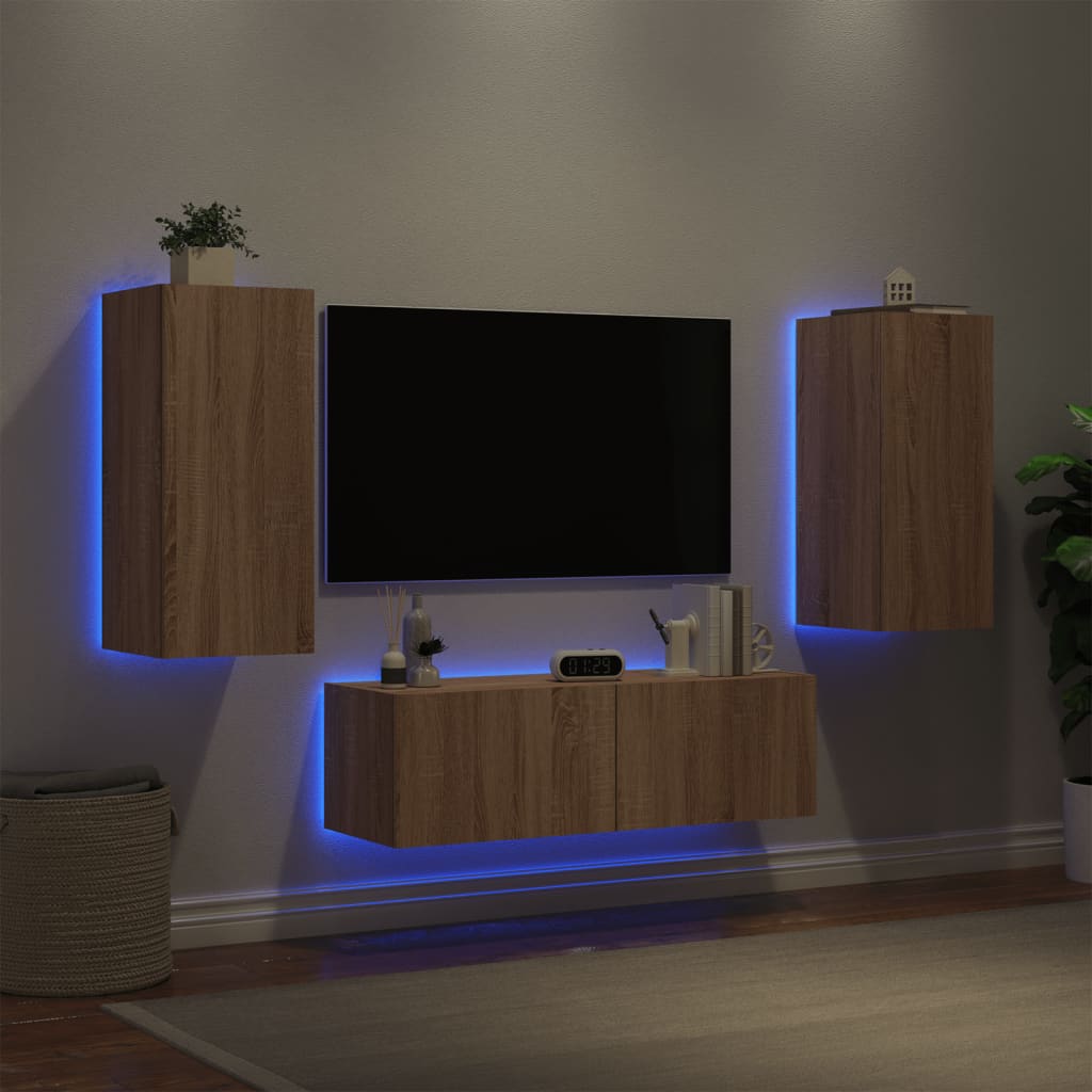 Vetonek Muebles de TV de pared con luces LED 3 piezas roble Sonoma