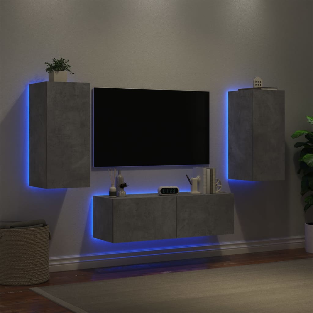 Vetonek Muebles de TV de pared con luces LED 3 piezas gris hormigón