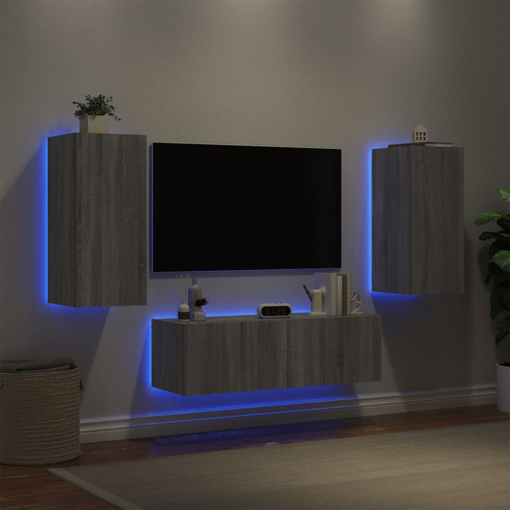 Vetonek Muebles de TV de pared con luces LED 3 piezas gris Sonoma