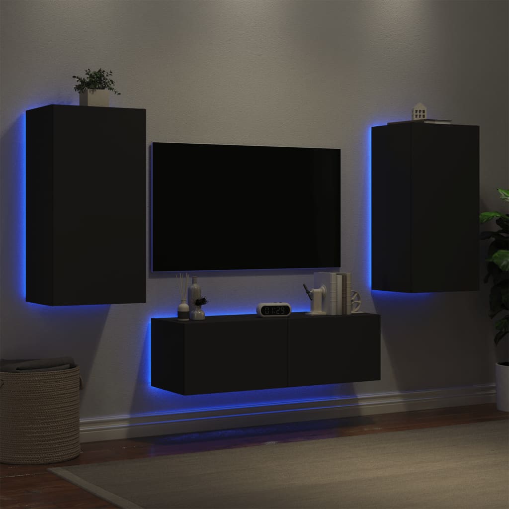 Vetonek Muebles de TV de pared con luces LED 3 piezas negro