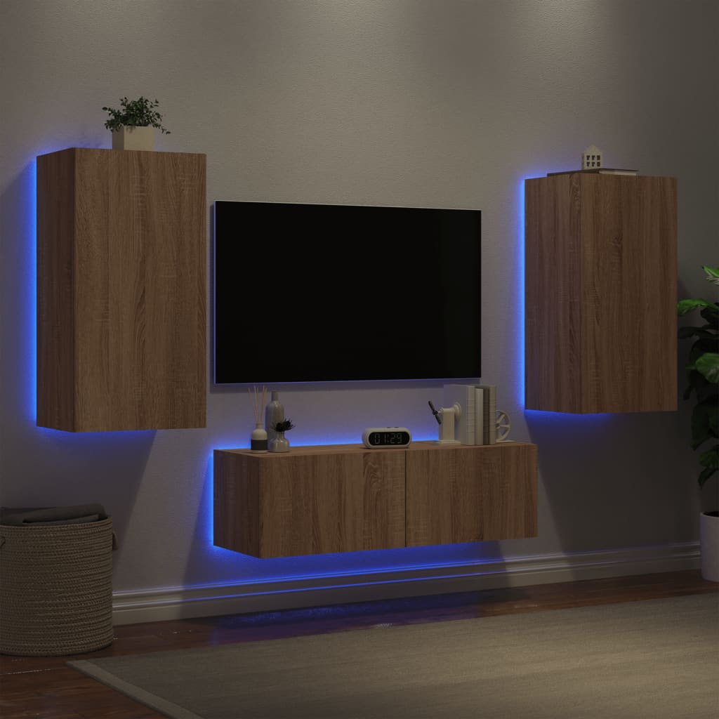 Vetonek Muebles de TV de pared con luces LED 3 piezas roble Sonoma