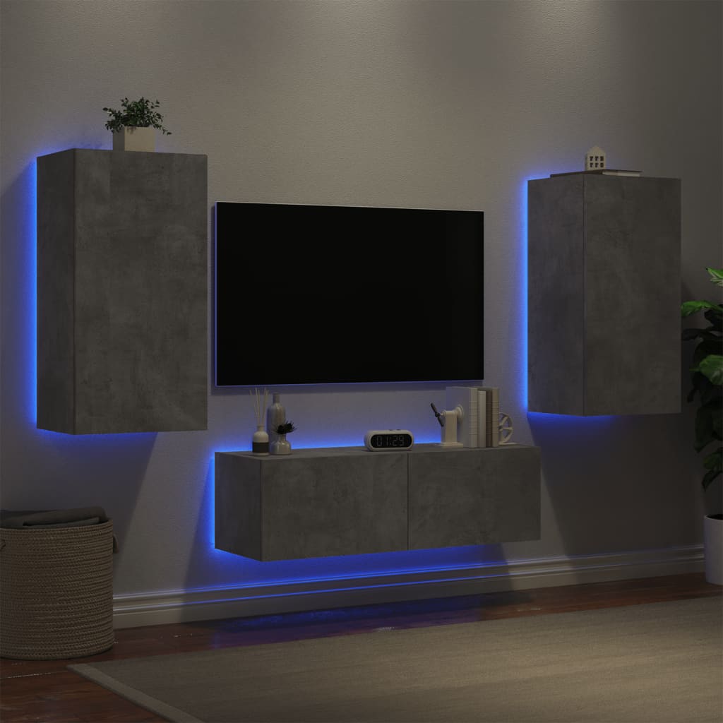 Vetonek Muebles de TV de pared con luces LED 3 piezas gris hormigón