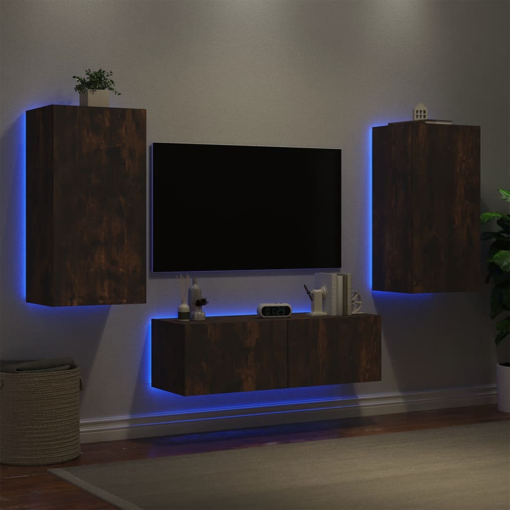 Vetonek Muebles de TV de pared con luces LED 3 piezas roble ahumado