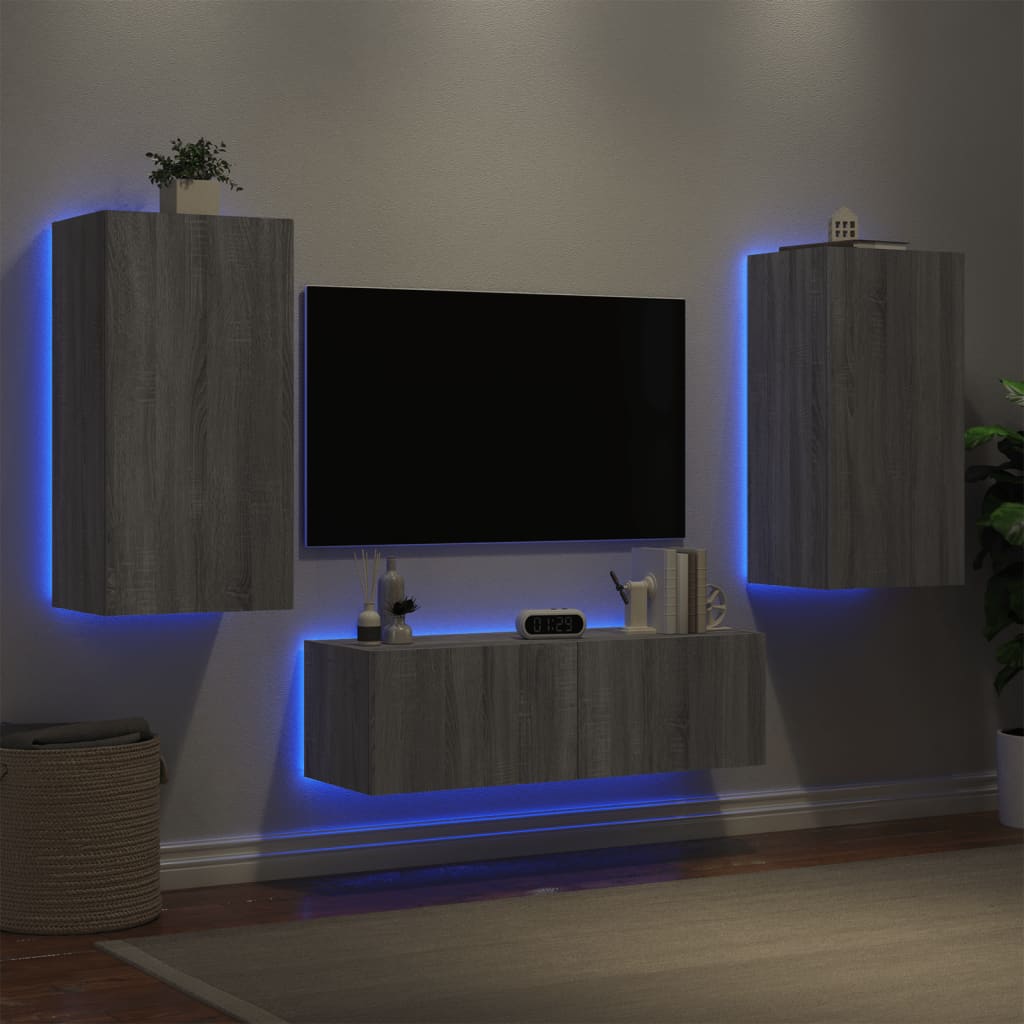 Vetonek Muebles de TV de pared con luces LED 3 piezas gris Sonoma