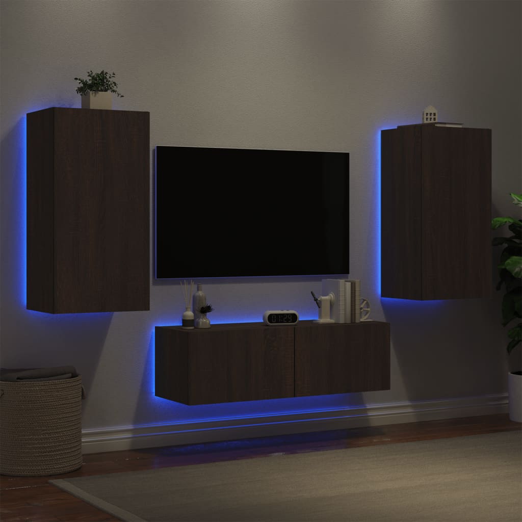 Vetonek Muebles de TV de pared con luces LED 3 piezas marrón roble