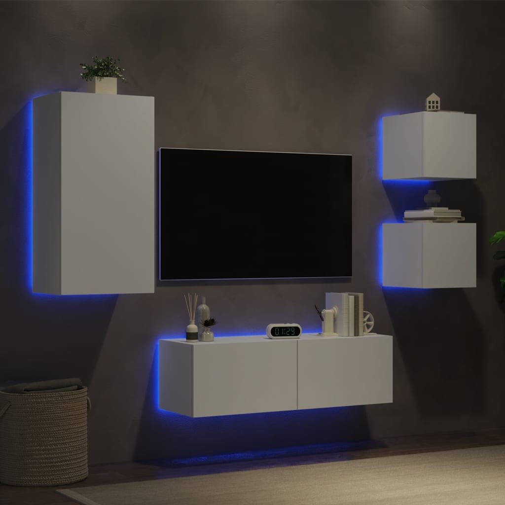 Vetonek Muebles de TV de pared con luces LED 4 piezas blanco