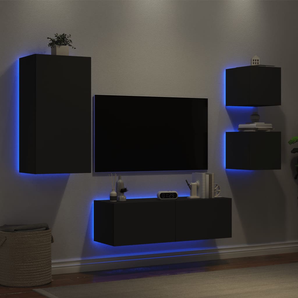 Vetonek Muebles de TV de pared con luces LED 4 piezas negro