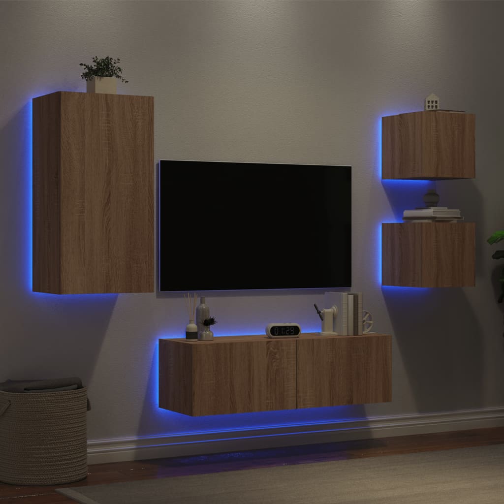 Vetonek Muebles de TV de pared con luces LED 4 piezas roble Sonoma