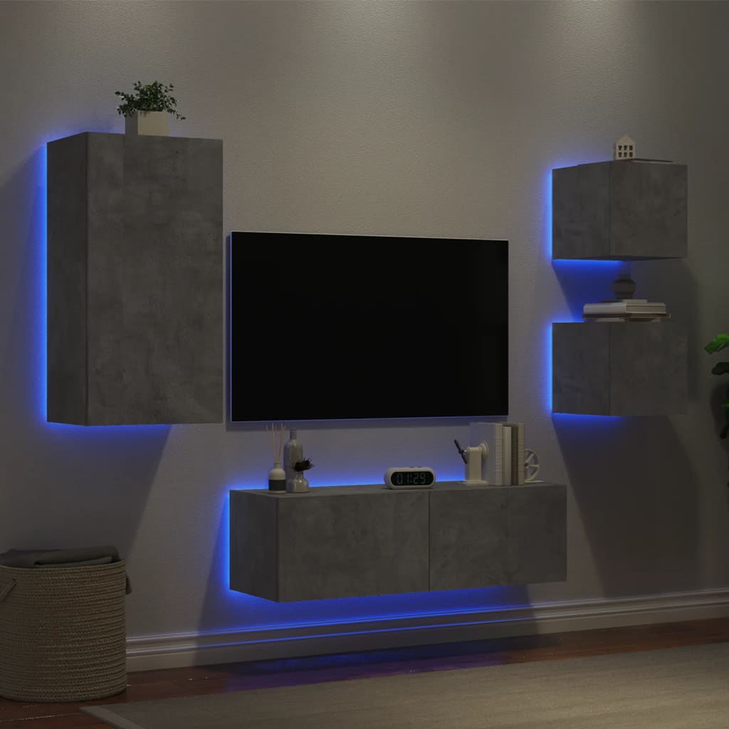 Vetonek Muebles de TV de pared con luces LED 4 piezas gris hormigón