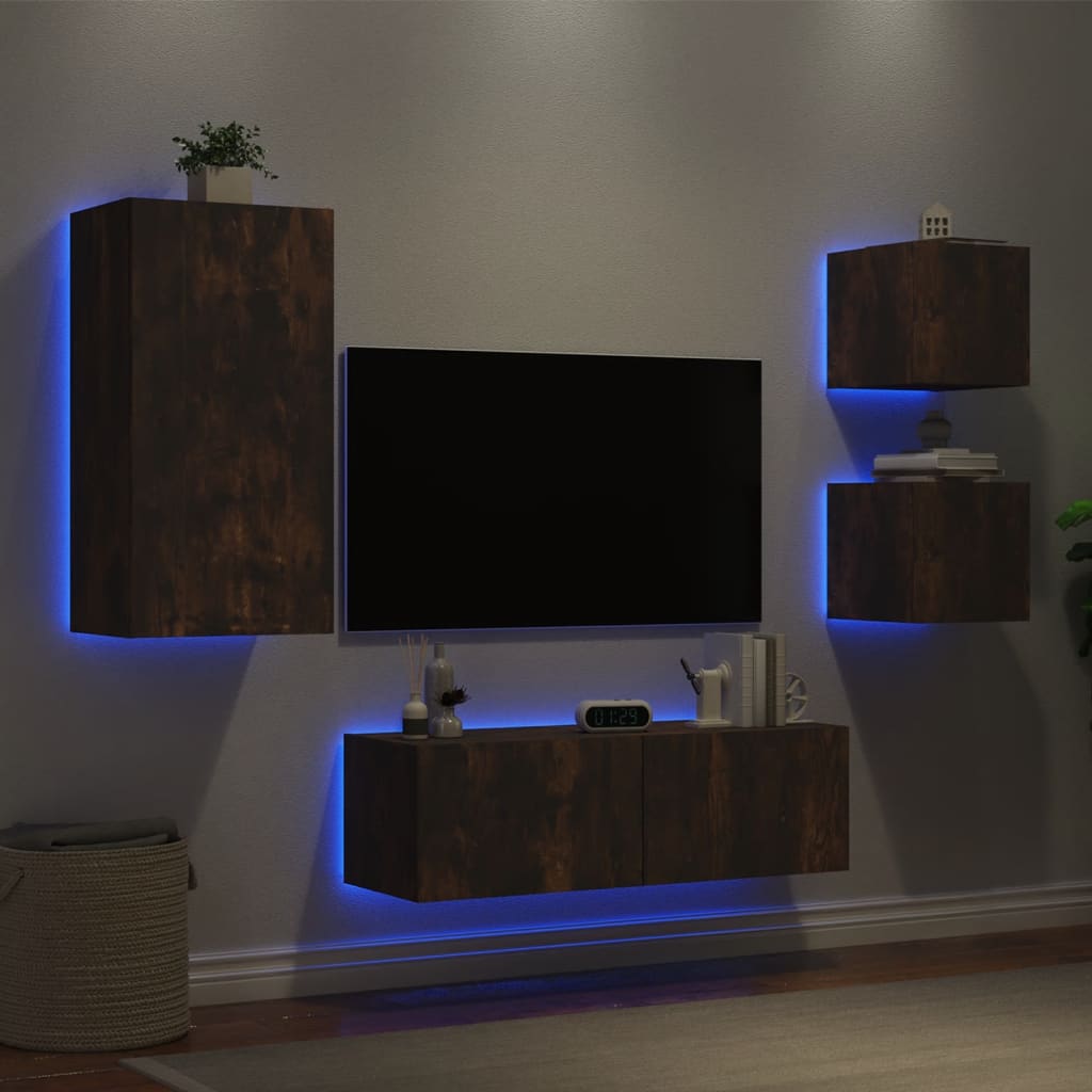 Vetonek Muebles de TV de pared con luces LED 4 piezas roble ahumado