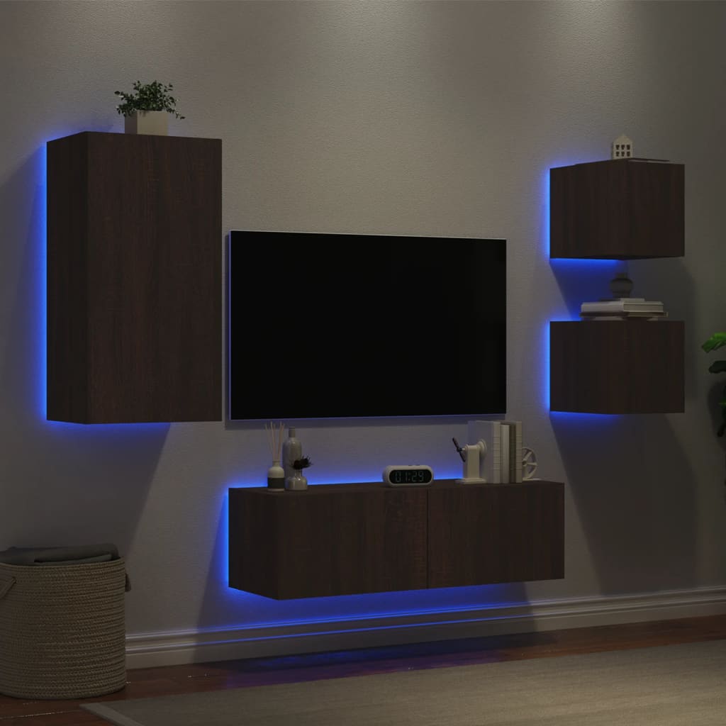 Vetonek Muebles de TV de pared con luces LED 4 piezas marrón roble