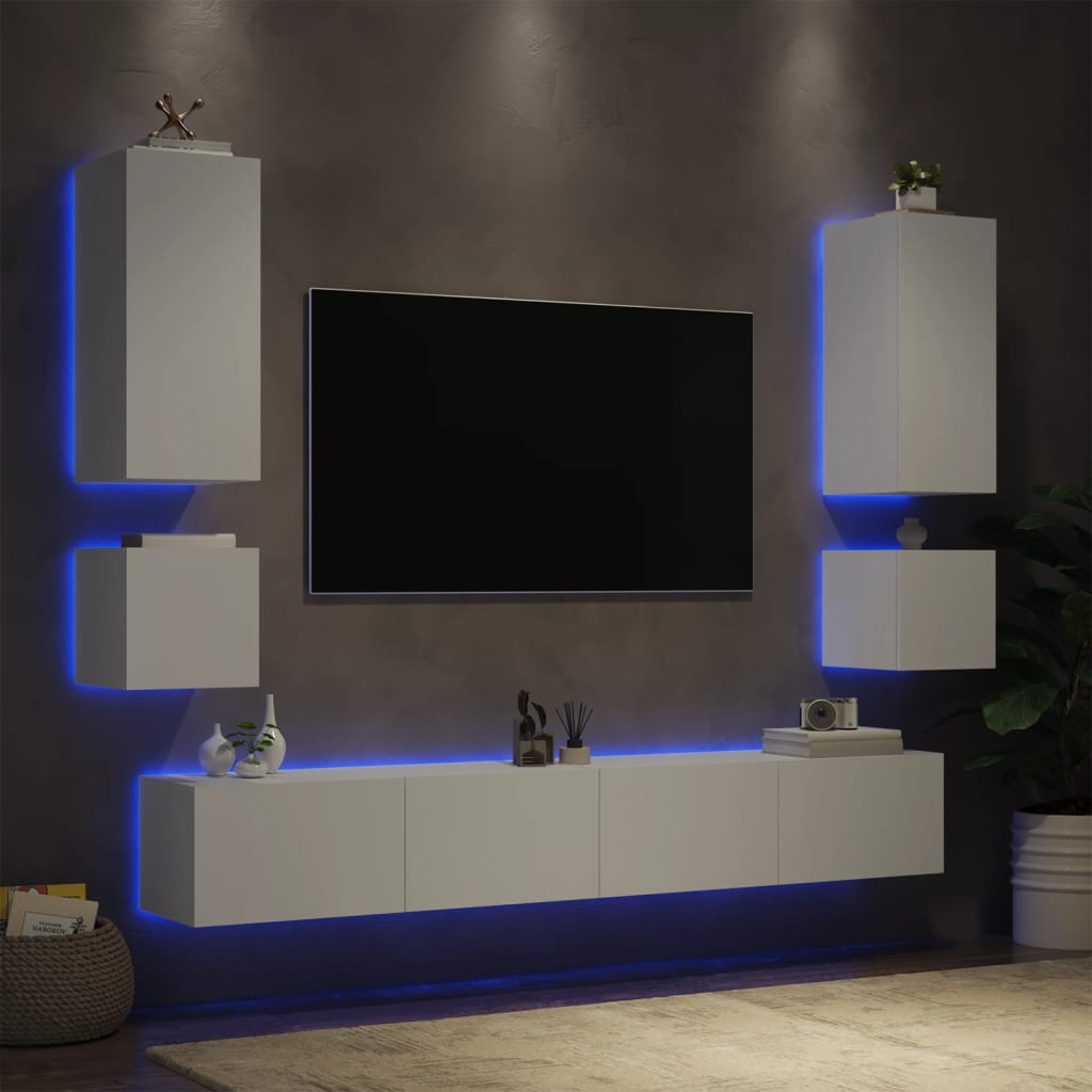 Vetonek Muebles de TV de pared con luces LED 6 piezas blanco