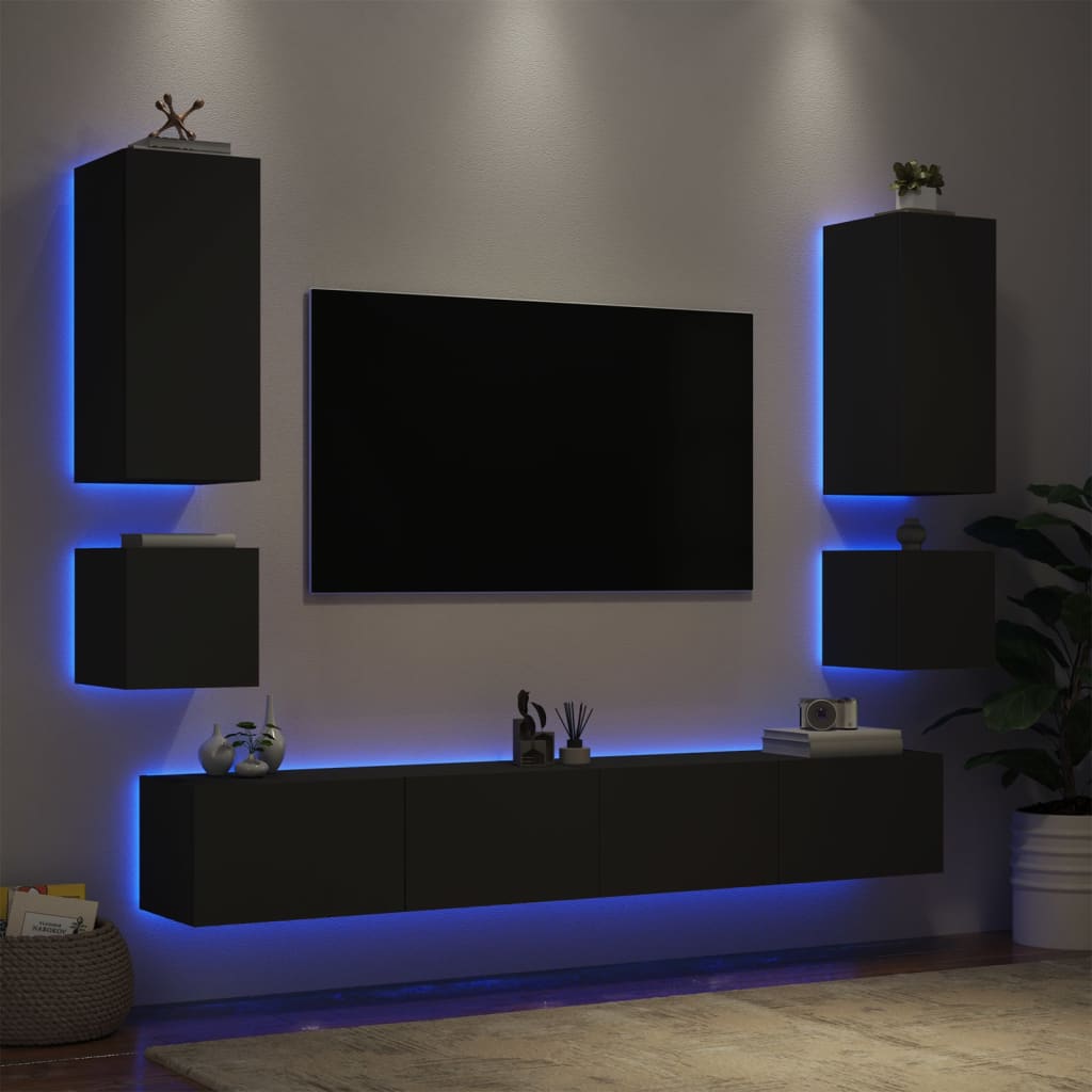 Vetonek Muebles de TV de pared con luces LED 6 piezas negro