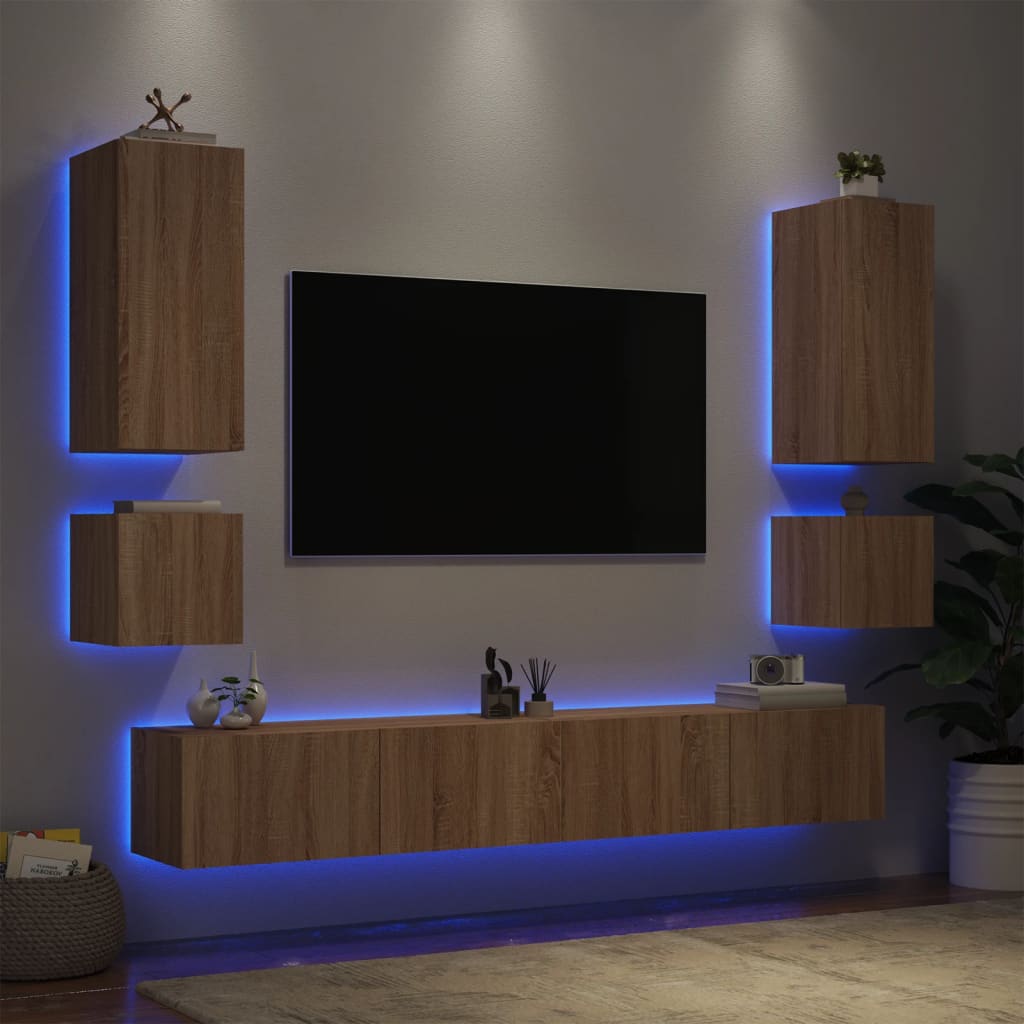 Vetonek Muebles de TV de pared con luces LED 6 piezas roble Sonoma