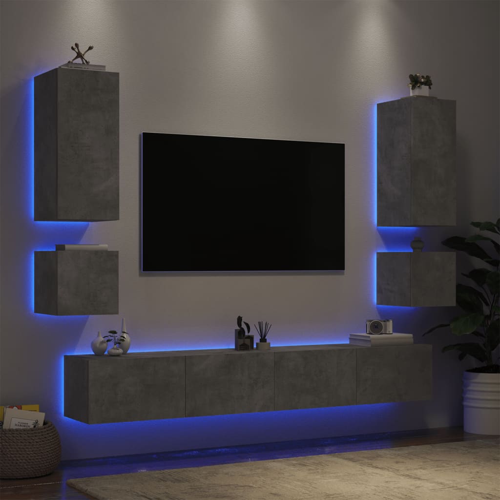 Vetonek Muebles de TV de pared con luces LED 6 piezas gris hormigón