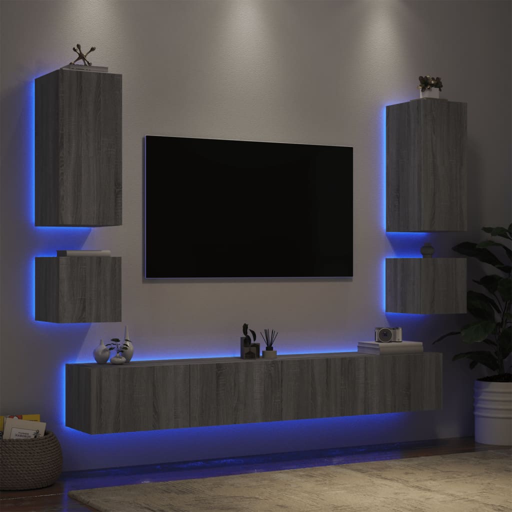 Vetonek Muebles de TV de pared con luces LED 6 piezas gris Sonoma