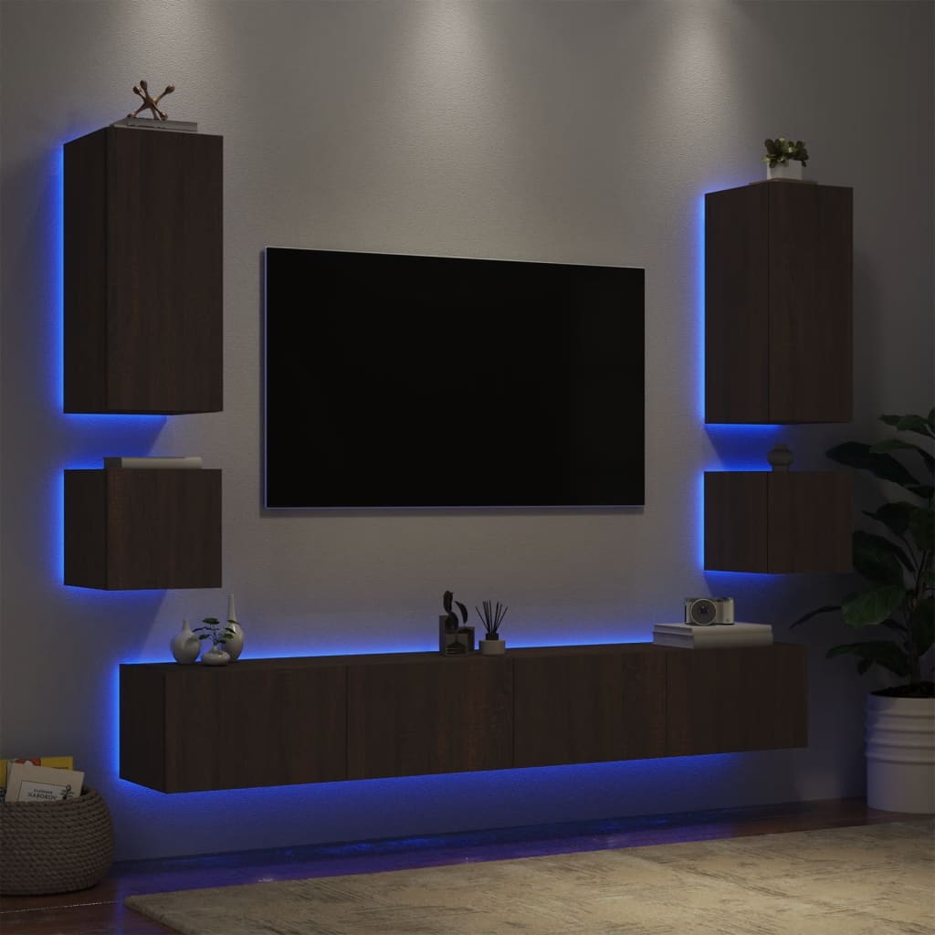 Vetonek Muebles de TV de pared con luces LED 6 piezas marrón roble