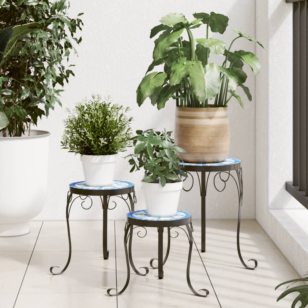 Vetonek Soportes para plantas 3 uds cerámica azul y blanco