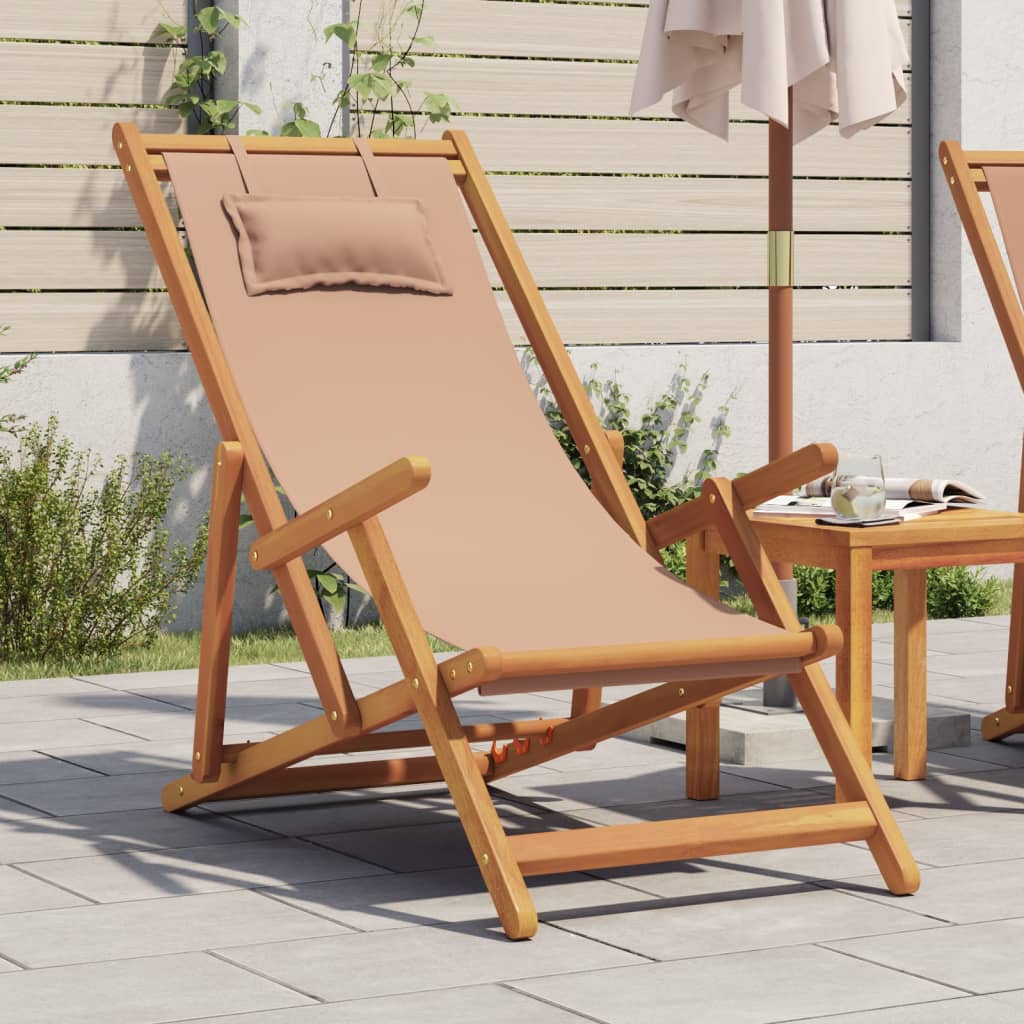 Vetonek Silla de playa plegable madera maciza de eucalipto y tela taupe