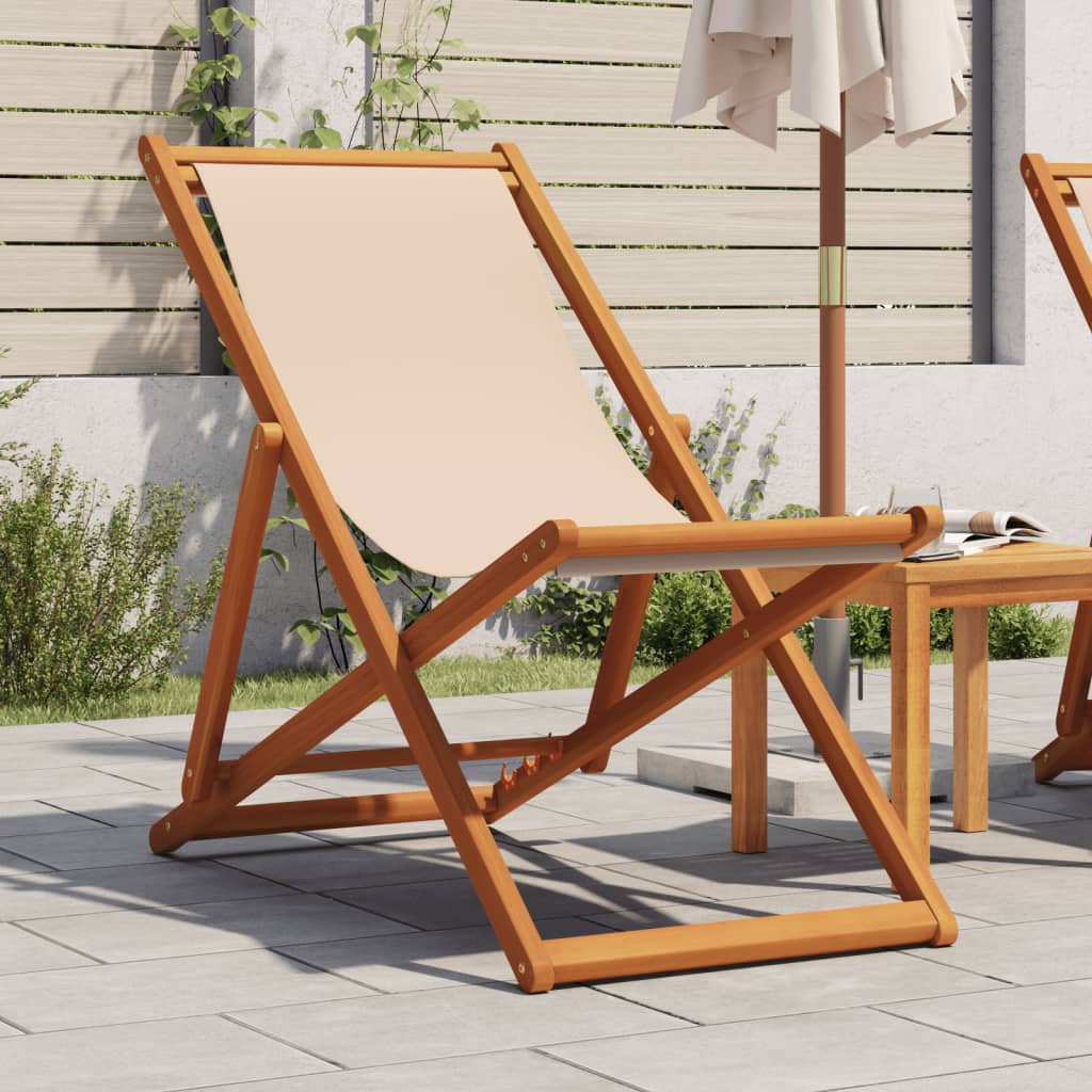 Vetonek Silla de playa plegable madera maciza de eucalipto y tela beige