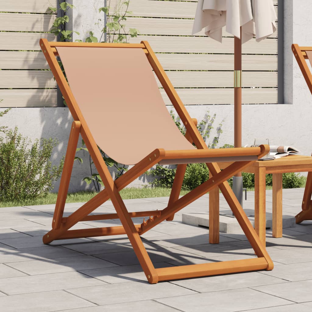 Vetonek Silla de playa plegable madera maciza de eucalipto y tela taupe