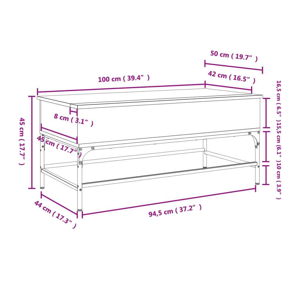 Engenharia preta e central de madeira de metal mesa 100x50x45 cm