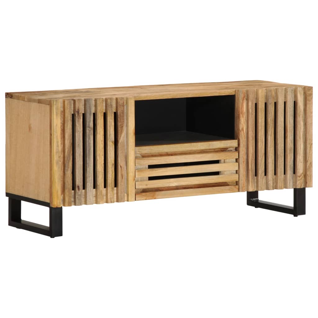 Mueble de TV de madera maciza de mango rugosa con diseño industrial y amplio espacio de almacenamiento.