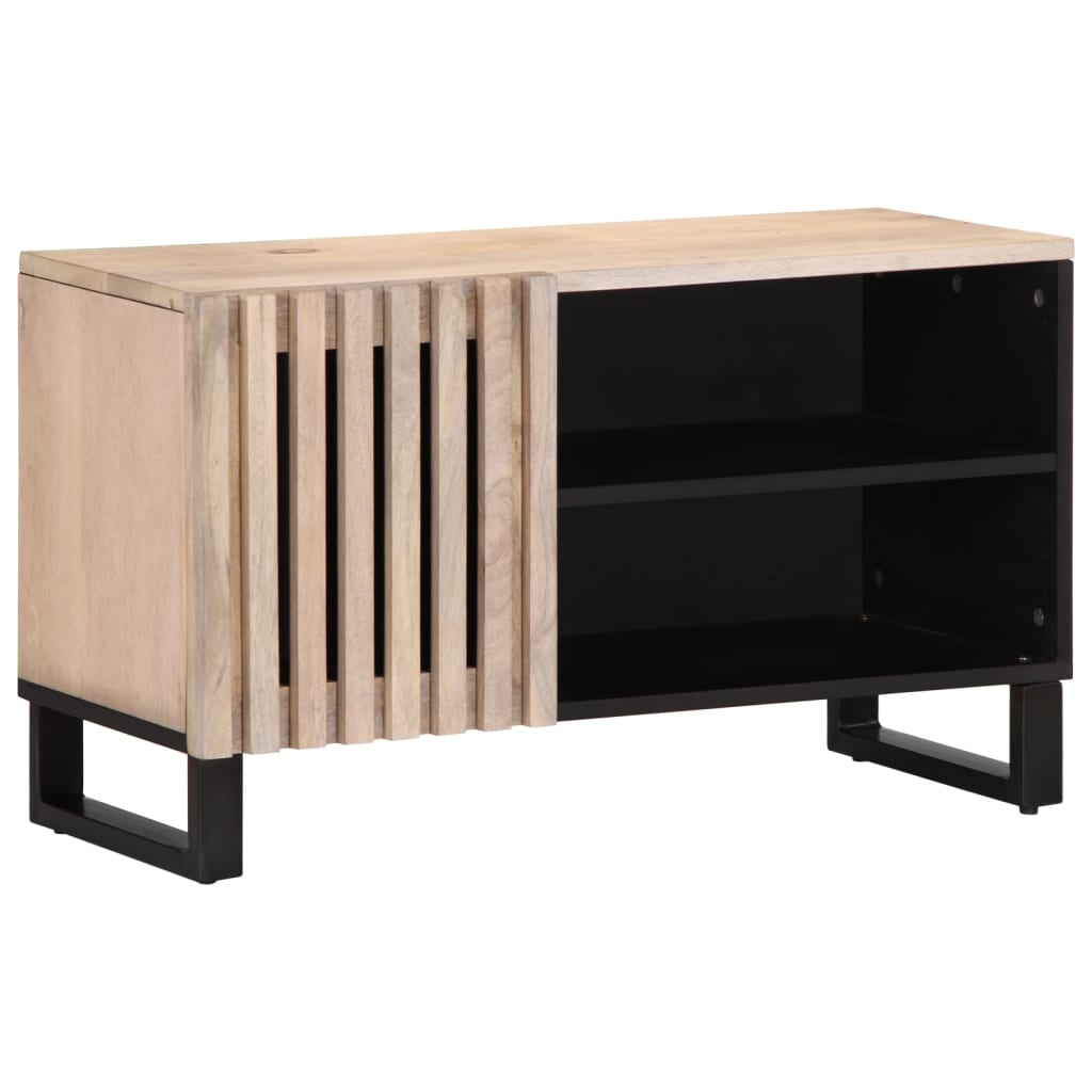 Mueble de TV industrial de madera maciza de mango con estantes y puertas, ideal para salón o dormitorio.