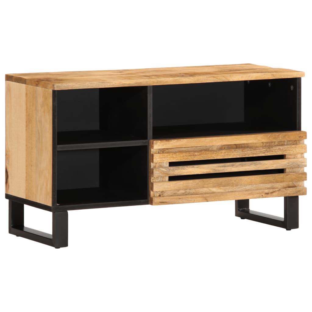 Mueble de TV de madera maciza de mango rugosa con estantes y cajones, diseño industrial, 80x34x46 cm.