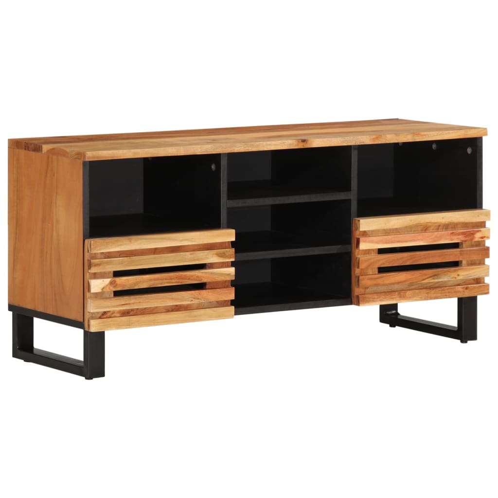 Mueble de TV de madera maciza de acacia con espacio de almacenamiento y diseño industrial, 100x34x46 cm.