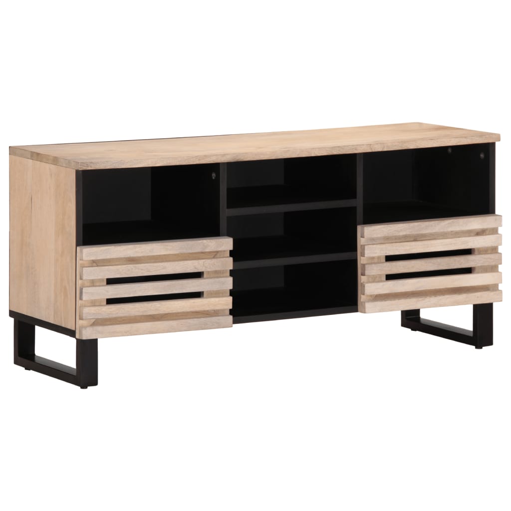 Mueble de TV de madera maciza de mango con diseño industrial, 100x34x46 cm, y espacio de almacenamiento amplio.