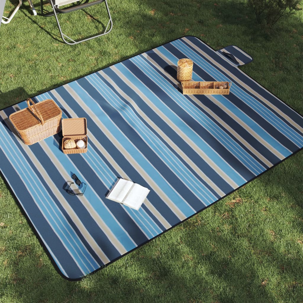 Vetonek Manta de picnic plegable terciopelo rayas azul blanco 200x150cm