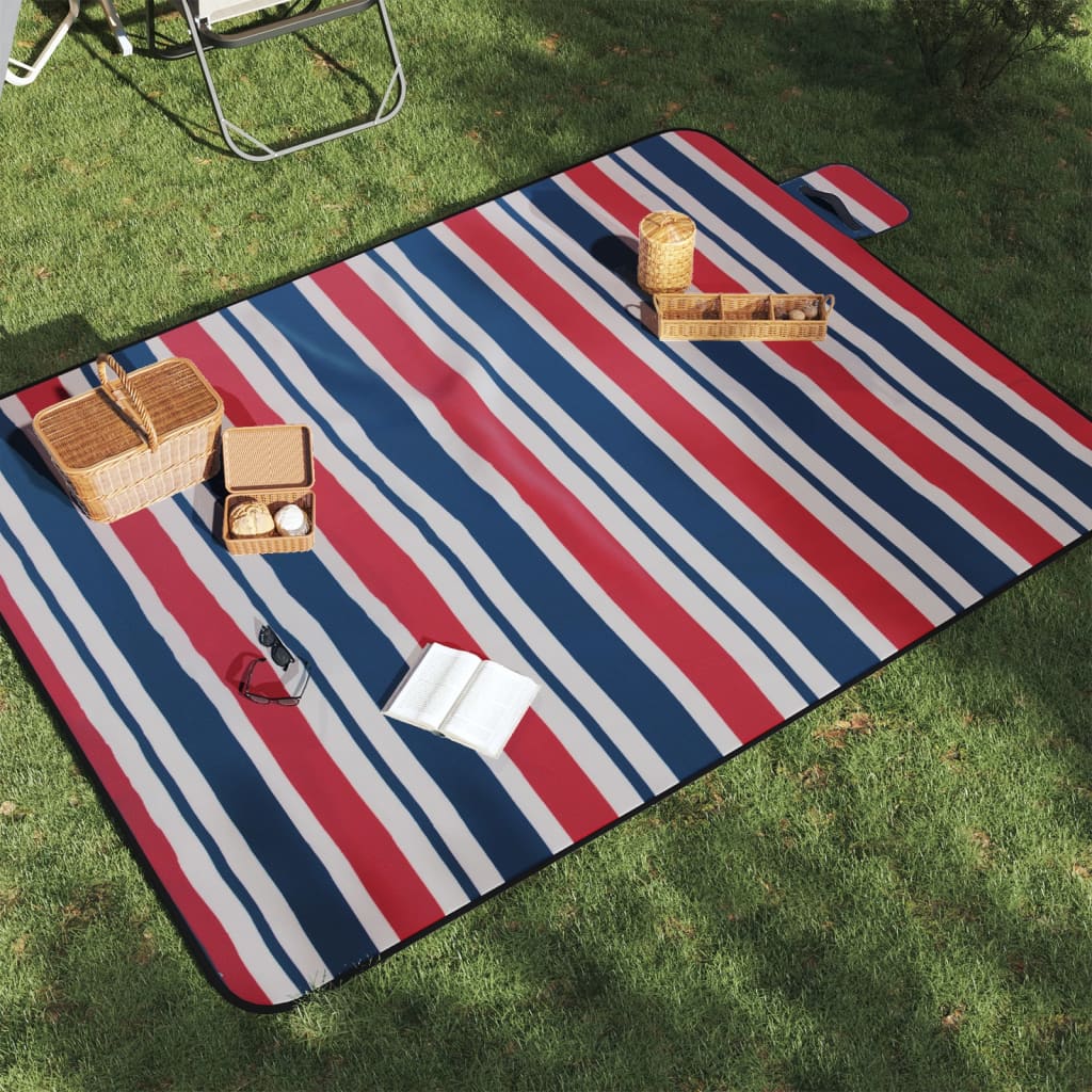 Vetonek Manta de picnic plegable terciopelo rayas rojo azul 200x150 cm