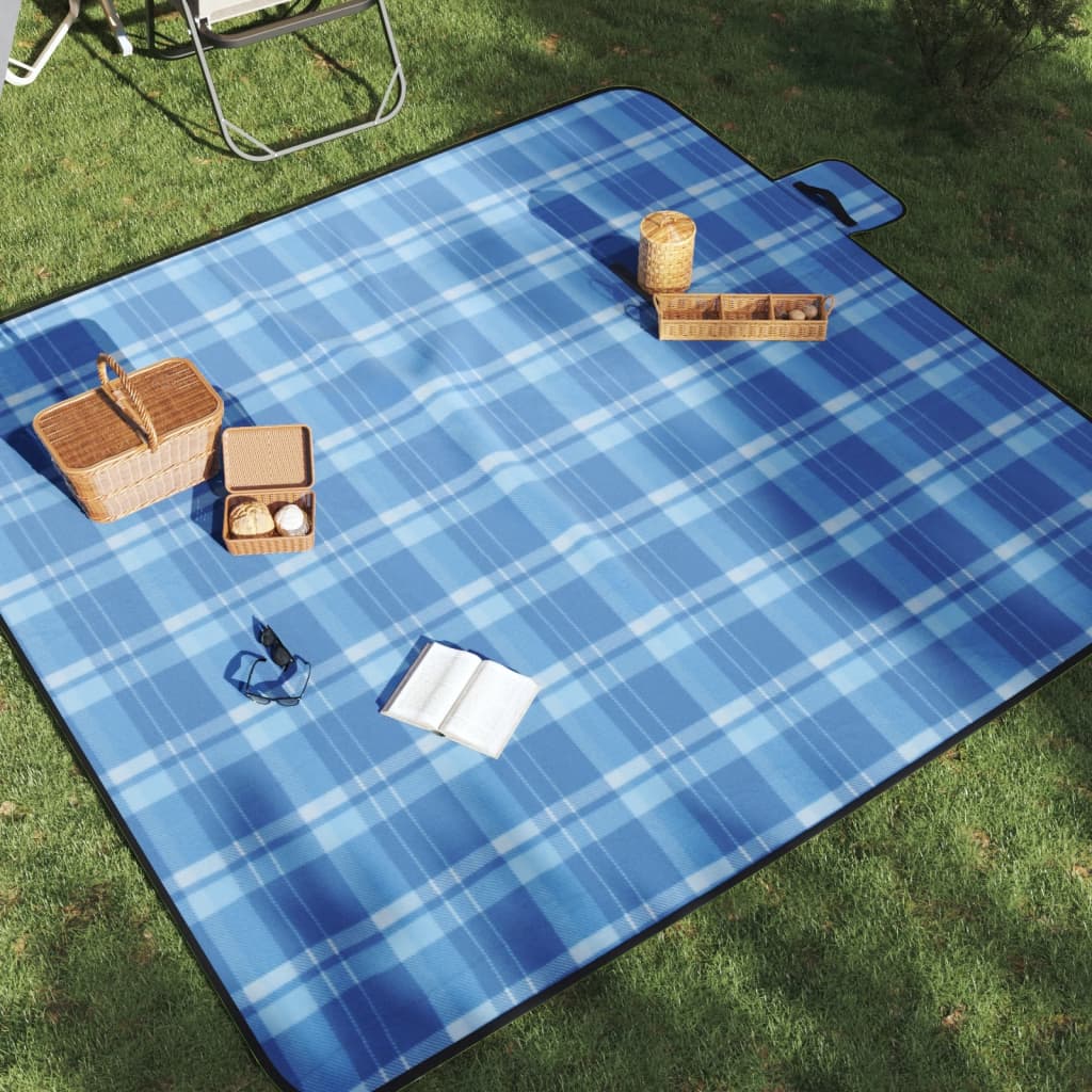 Vetonek Manta de picnic plegable terciopelo a cuadros azul 200x200 cm