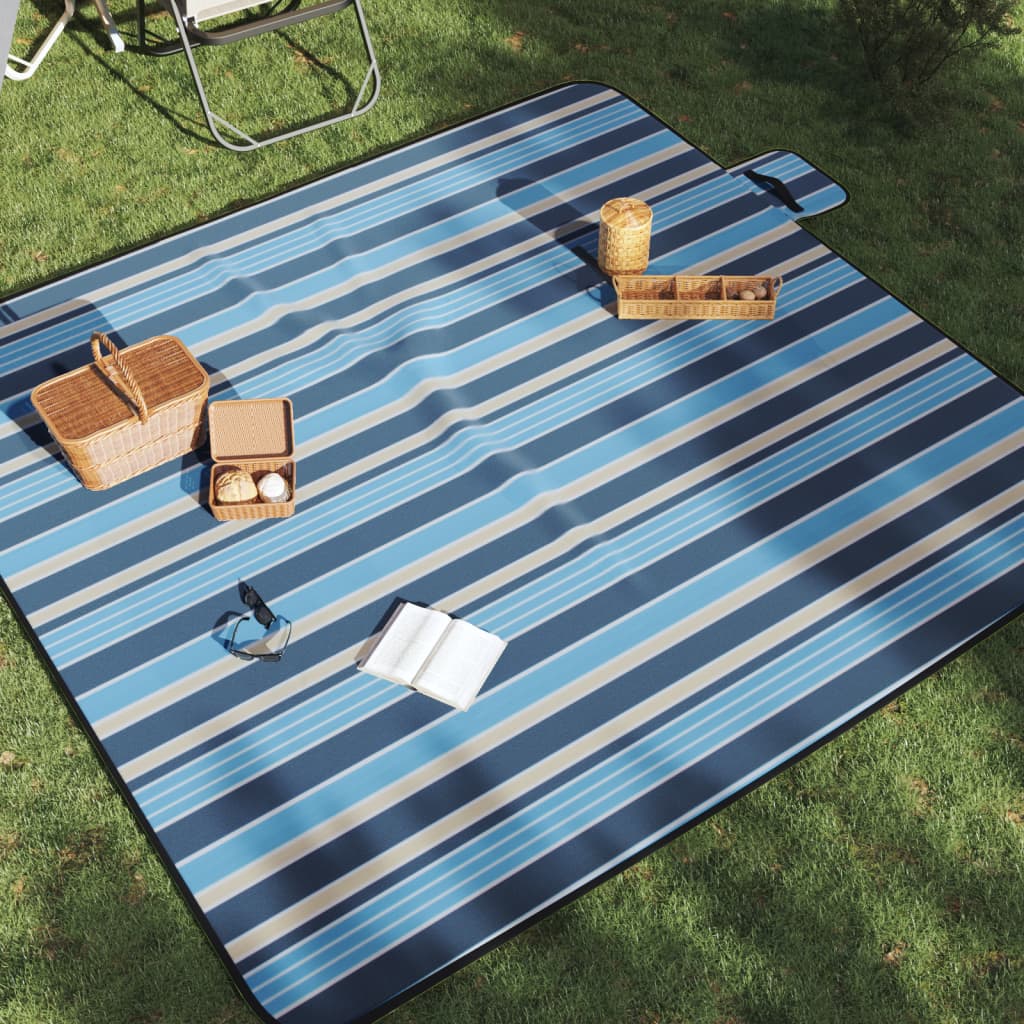 Vetonek Manta de picnic plegable terciopelo rayas azul blanco 200x200cm