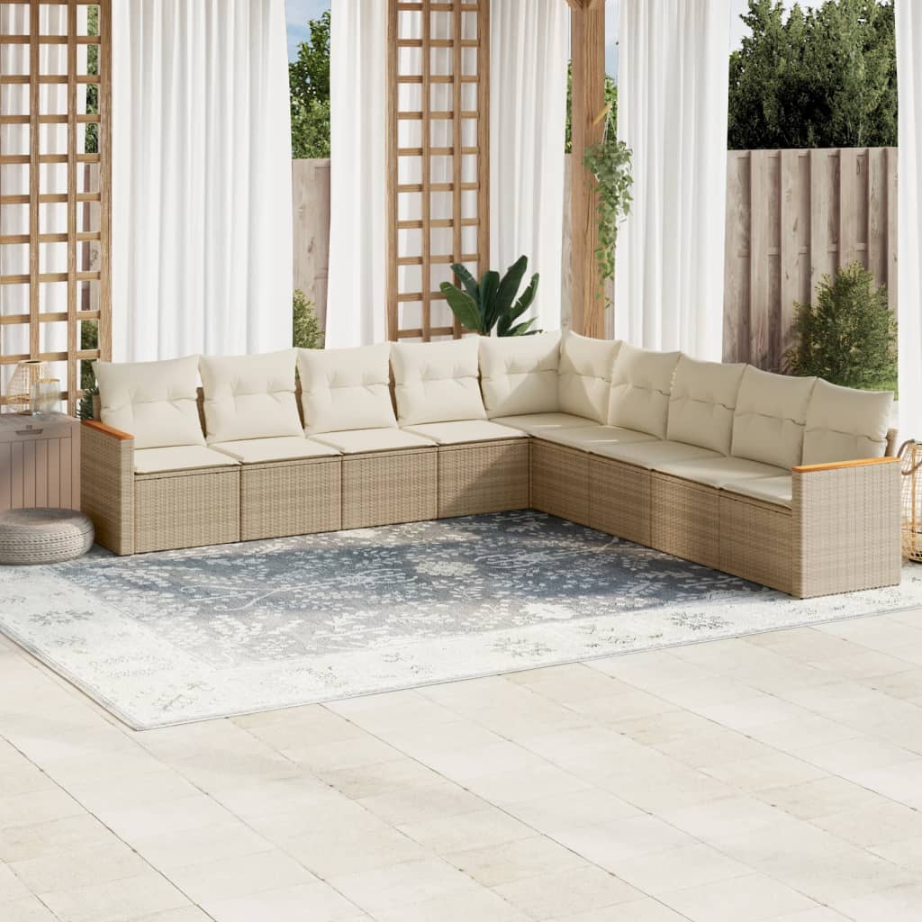 Vetonek Set de sofás de jardín 9 pzas con cojines ratán sintético beige