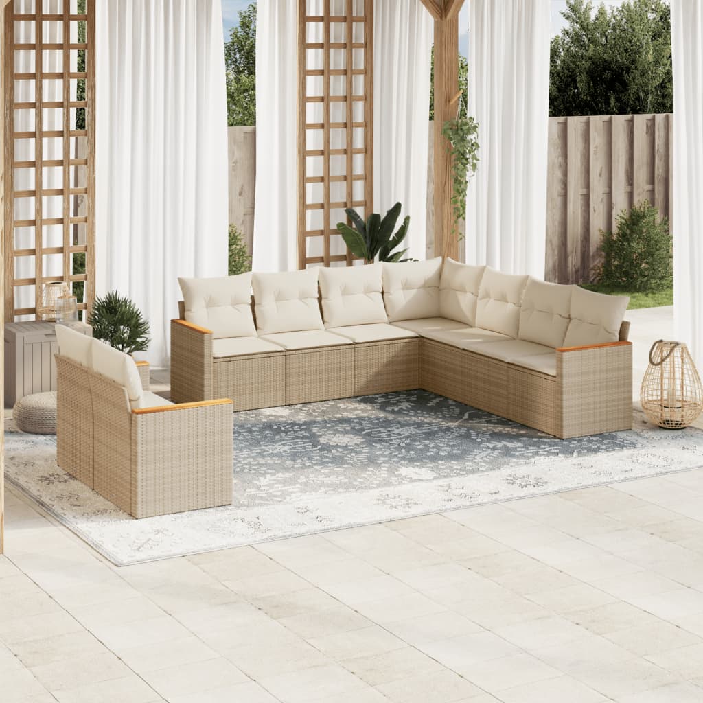 Vetonek Set de sofás de jardín 9 pzas con cojines ratán sintético beige