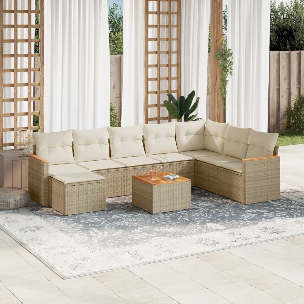 Set de sofás de jardín 9 pzas con cojines ratán sintético beige