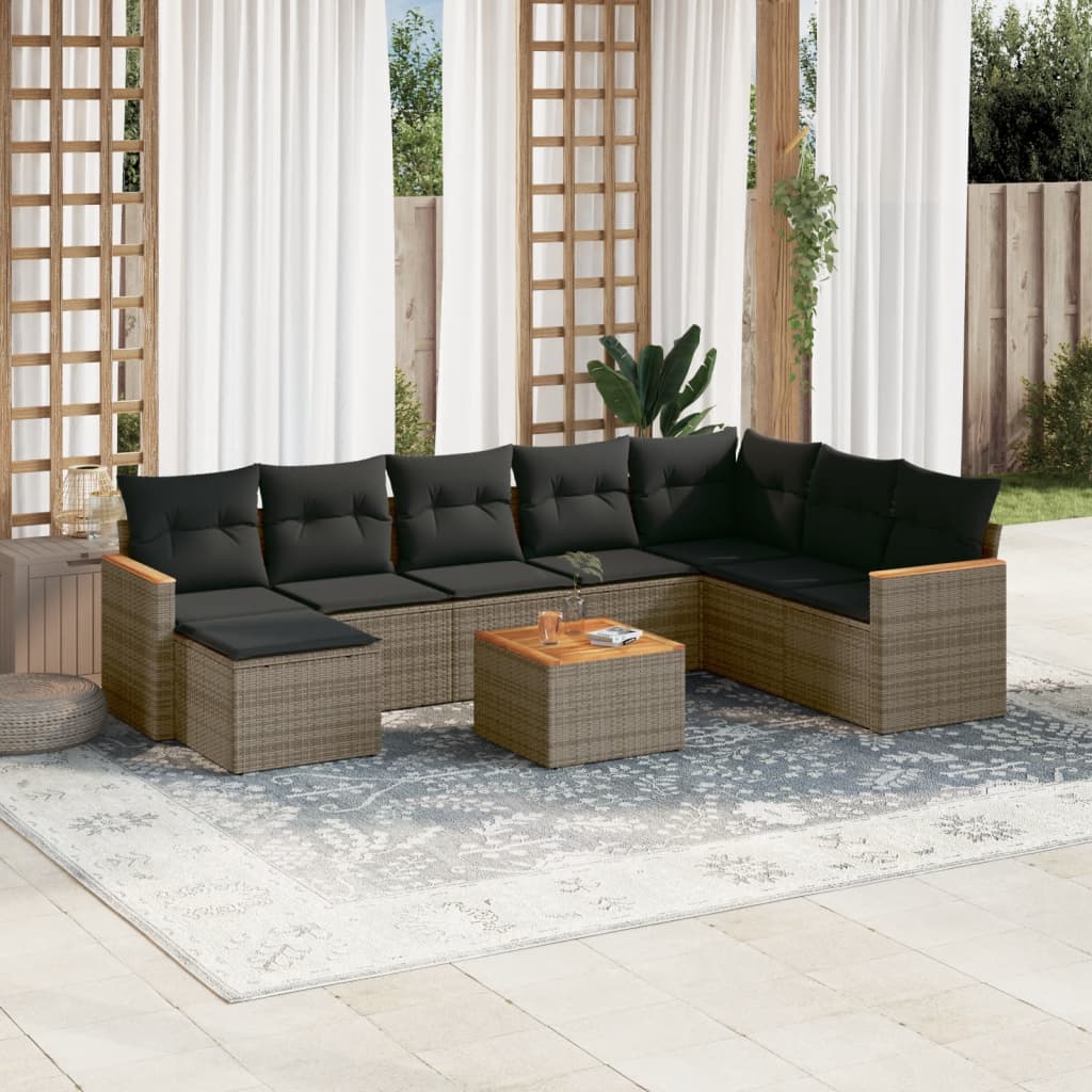 Vetonek Set de muebles de jardín 9 pzas y cojines ratán sintético gris