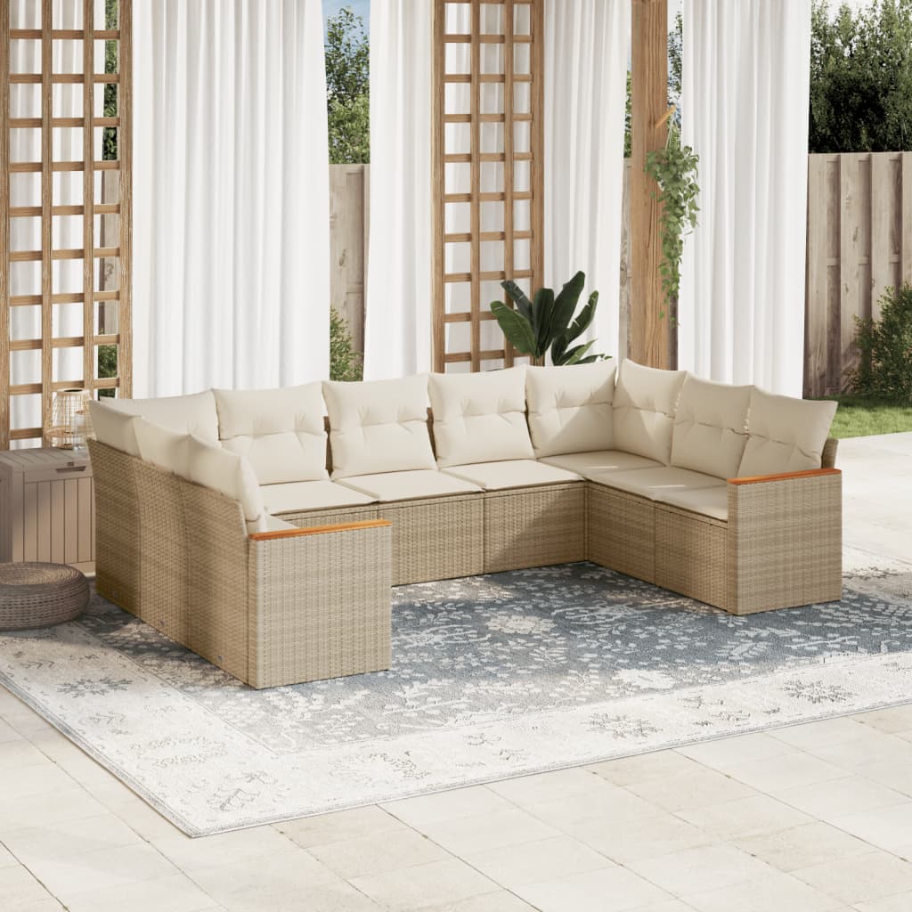 Vetonek Set de sofás de jardín 9 pzas con cojines ratán sintético beige