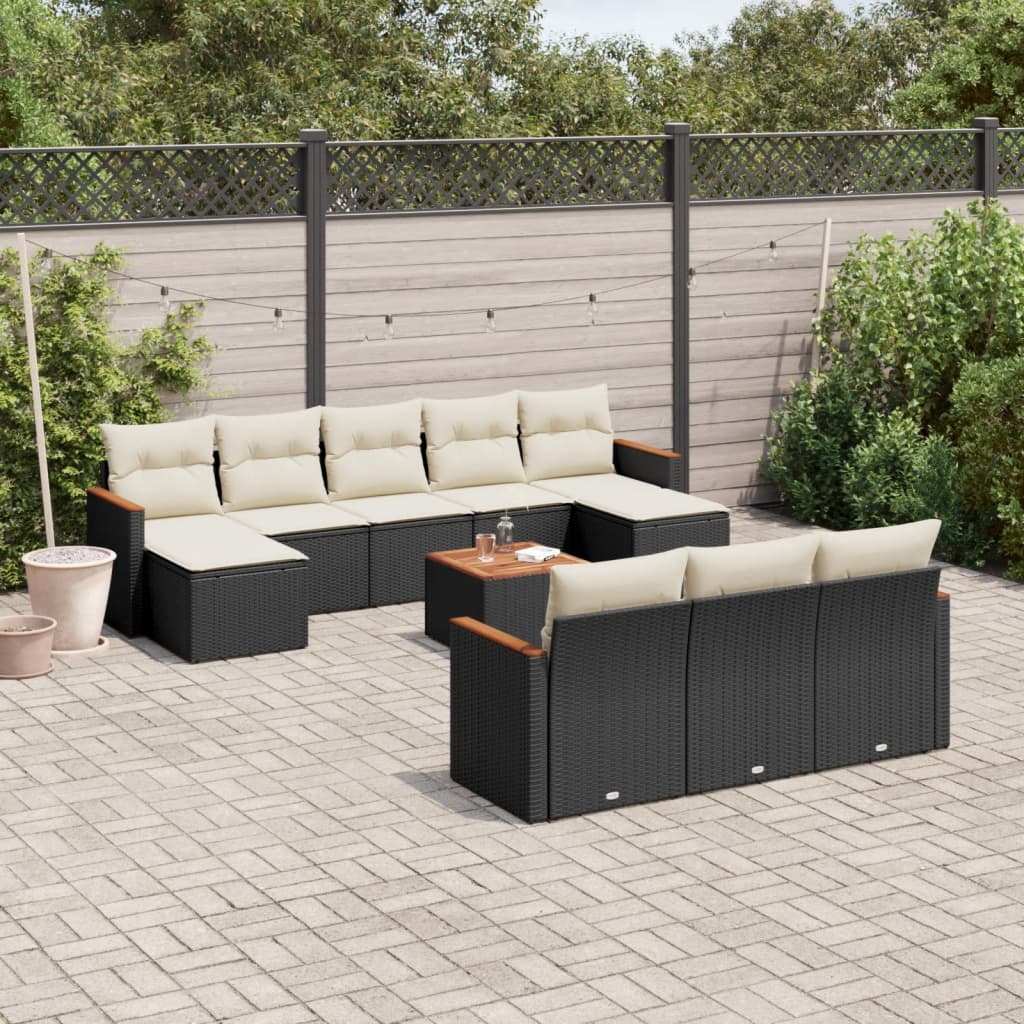 Gartensofas Set 11 PCs und schwarze synthetische Ratan -Kissen