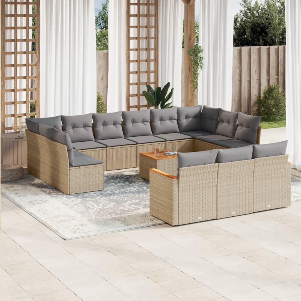 Vetonek Set sofás jardín 14 pzas y cojines ratán sintético beige mezcla