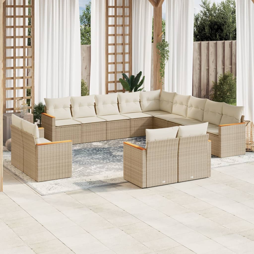 Set sofás de jardín con cojines 13 pzas ratán sintético beige