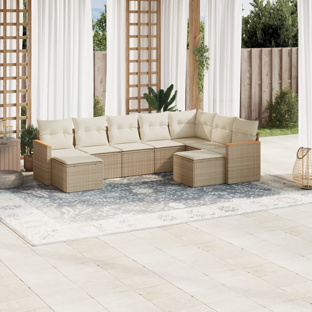 Vetonek Set de sofás de jardín 9 pzas con cojines ratán sintético beige