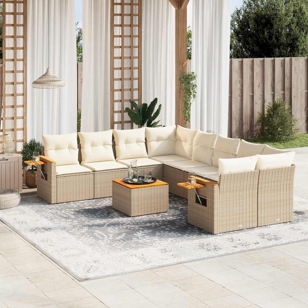 Vetonek Set de sofás de jardín 9 pzas con cojines ratán sintético beige